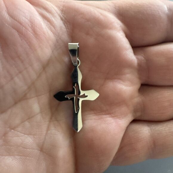 Stainless Steel Cross Pendant Scripture Silver Plated 24 Inch Chain Religious - Picture 4 of 6